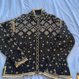 Vtg. Obermeyer Signature Sz. L 100% Wool Black & Tan Nordic Zip Up Cardigan